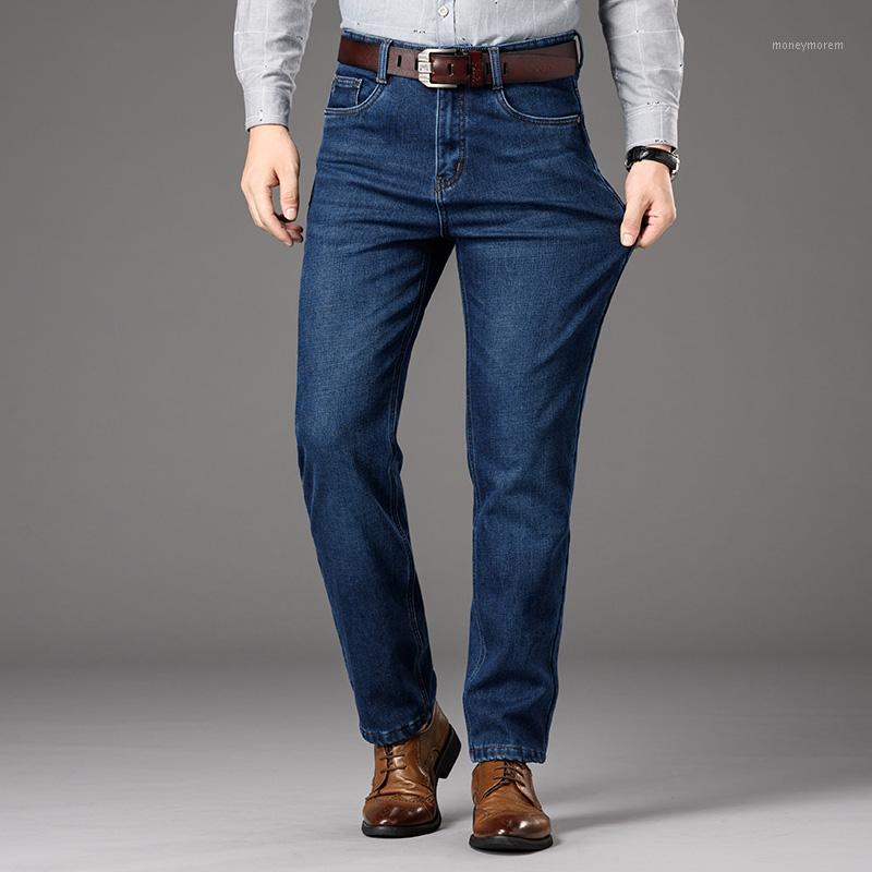 

Free Shipping 2019 Winter Plus Velvet Thick Jeans Men's Elastic Loose Straight Jeans Black Blue elastic force Business Casual1