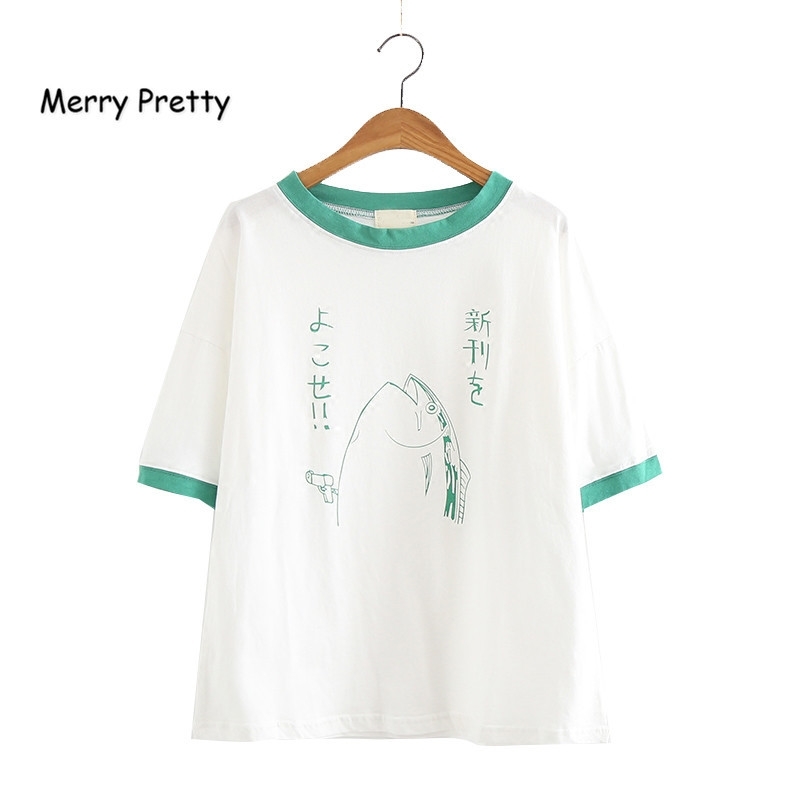 

Merry Pretty New Women Harajuku T-shirts Fish Print Kawaii White Funny T Shirt Summer o-neck Sweet Cotton Tee Shirt Femme Tops Y200412, Color1
