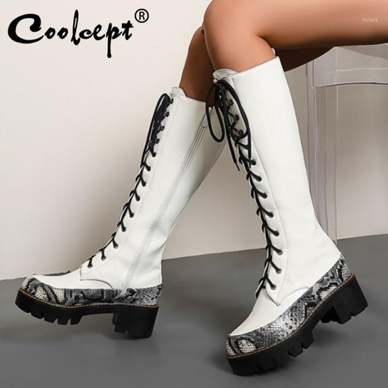 

Coolcept Women Knee Boots Cross Strap Fashion Platform Winter Shoes Woman Warm High Heel Long Boot Lady Footwear Size 34-431, Black