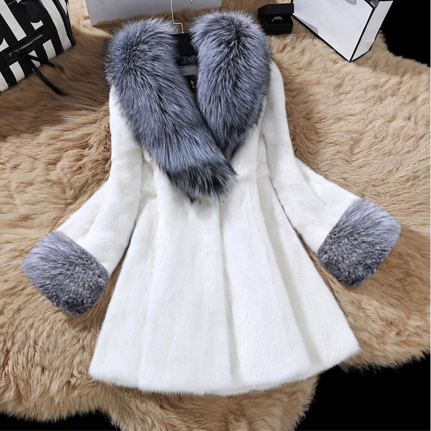 

Autumn Winter fashion Womens Faux Fur Silver fox collars Imitation mink fur coat Large size ladies' long sleeve Fur collar coats 201016, White