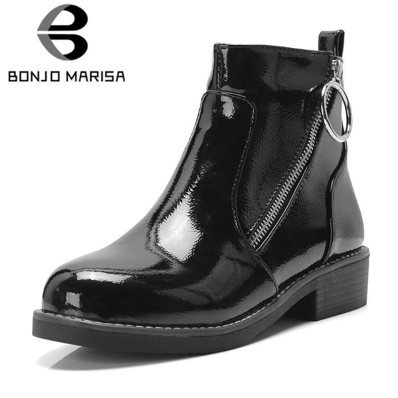 

BONJOMARISA 2020 Winter Big Size 32-43 Brand Women Patent Pu Ankle Boots Platform Casual Low Heels Shoes Woman Metal Decorate, Black