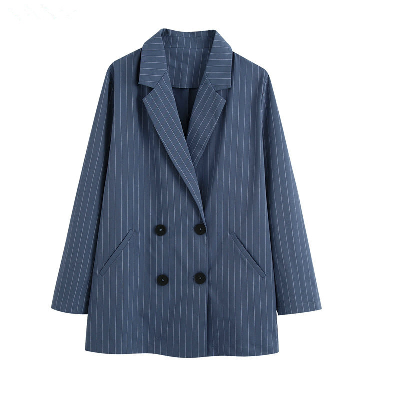 

2021 New Women Vintage Blue Striped Female Long Sleeve Double Breasted Jacket Ladies Elegant Blazer Be312 Peeb, C1