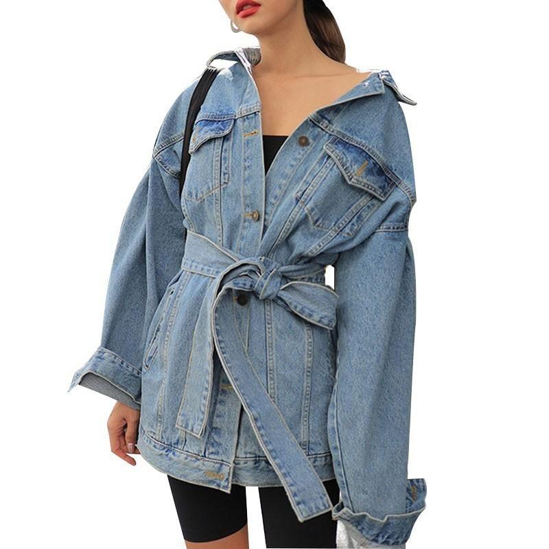 

Autumn Denim Jackets Women Lapel Long Sleeve High Waist Lace Up Bandage Female Jacket Fashion Vintage Streetwear Outwear NZY18, Black