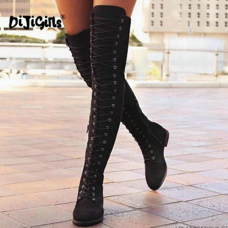 

DIJIGIRLS Front Lace-up Casual Thigh High Boots Fashion Pointed Toe Platform Winter Boots Ladies Over The Knee1, Black