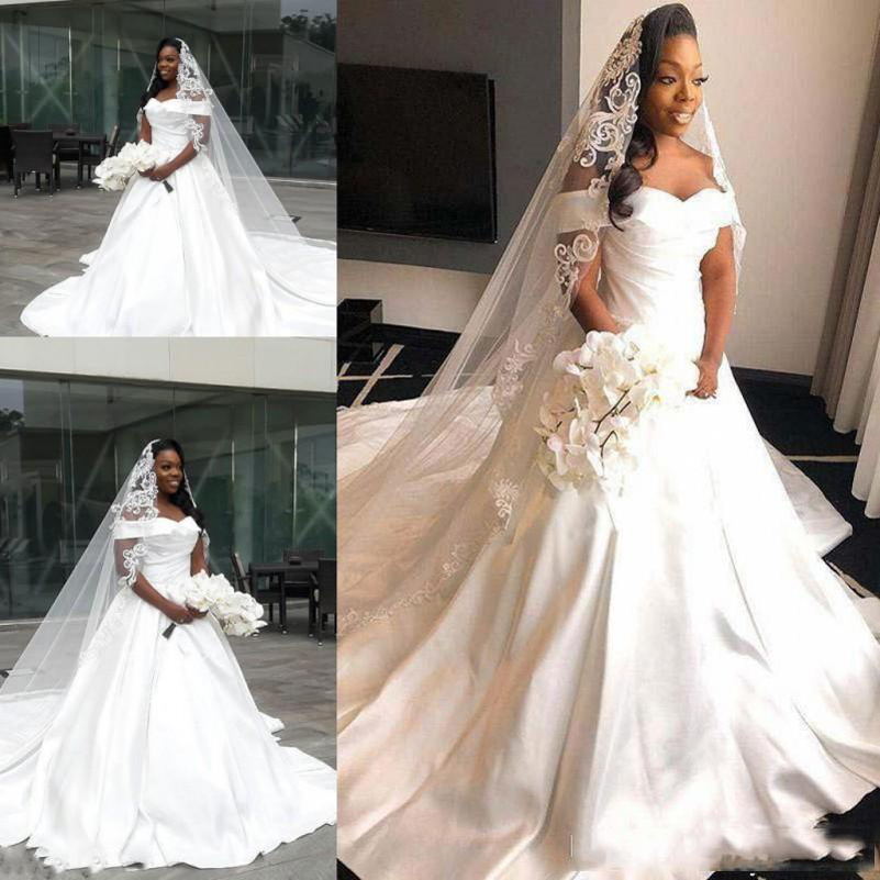 

South African Off the Shoulder Plus Size Wedding Dresses 2021 Court Train Satin A Line Wedding Bridal Gowns, White