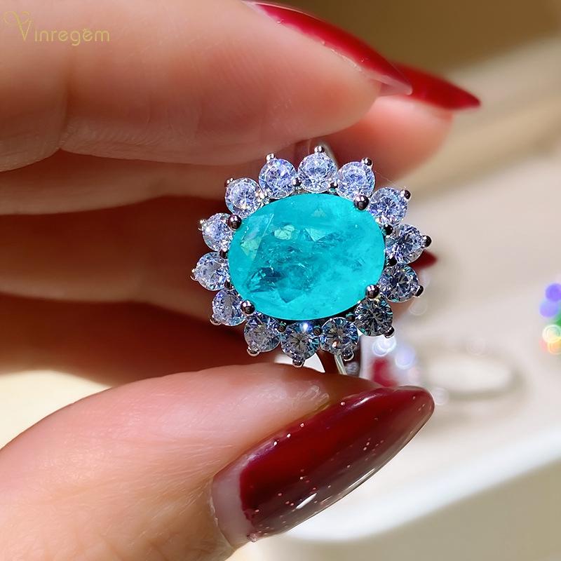 

Cluster Rings Vinregem 925 Sterling Silver Oval Cut Paraiba Tourmaline Created Moissanite Gemstone Engagement Fine Jewelry Ring For Women Gi, Golden;silver