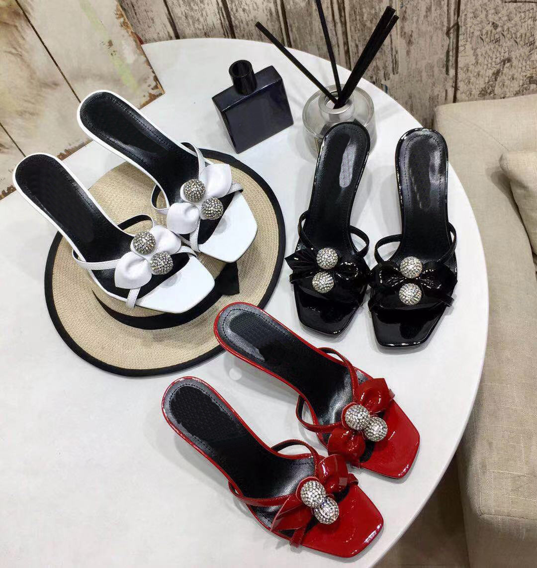 

High quality womens fashion spring and summer new high heel open toe diamond ball half trailer womens sandals original box 35-41, Black