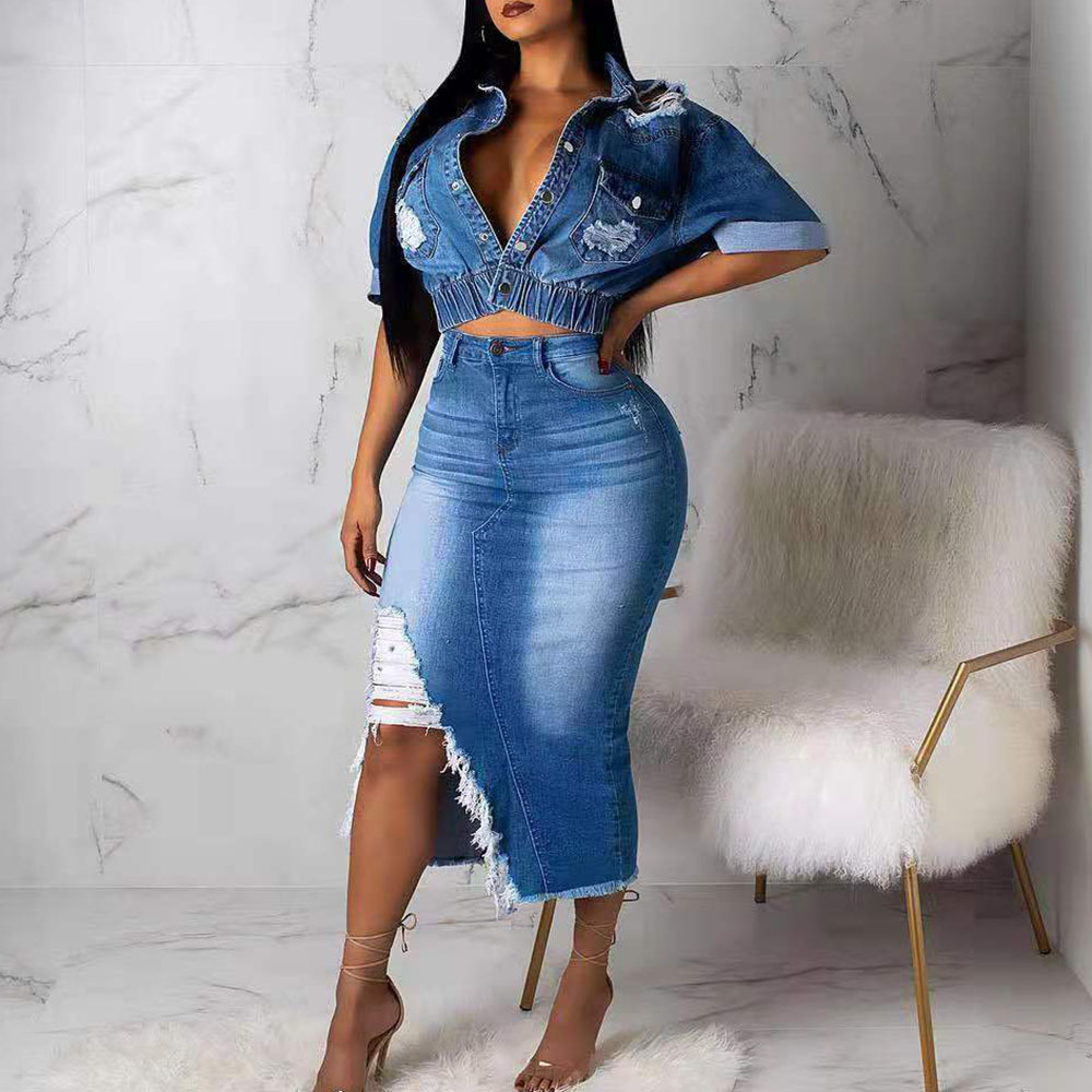 

2021 2xl African Women Two Pieces Together Skirt Torn Free Denim Sexy Midi Jackets Skirts 2 Fashion Clothing Summers Zz3w, Blue