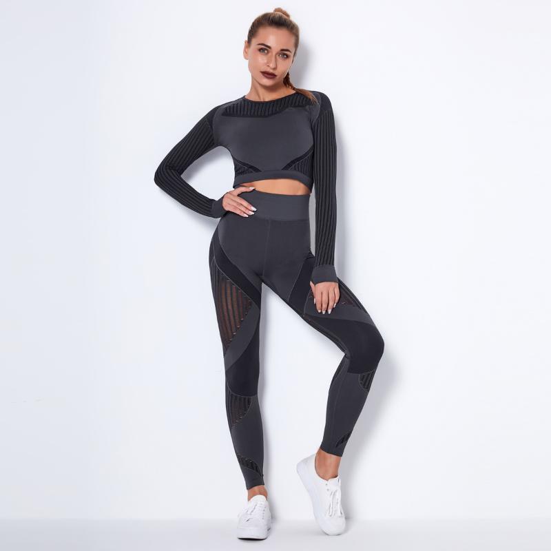 

Female Stripe 2 Pcs Elasticity Running Workout Gym Wear Hollow Women Yoga Set Long Sleeve Yoga Crop Top +fitness Gym Leggings1, Top wine red