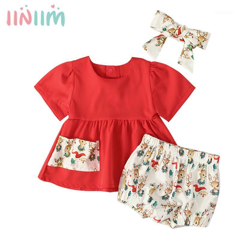 

Summer Baby Girl Outfit Xmas 3Pcs Sets Toddler Baby Christmas Short Sleeves Santa Claus Print Top+Shorts Headband Floral Clothes1, Red