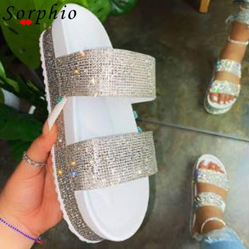 

Sorphio Female Casual Open Toe New Women Shoes Crystal Platform Wedges Slippers Women Rhinestone Slip On Summer Slippers, White