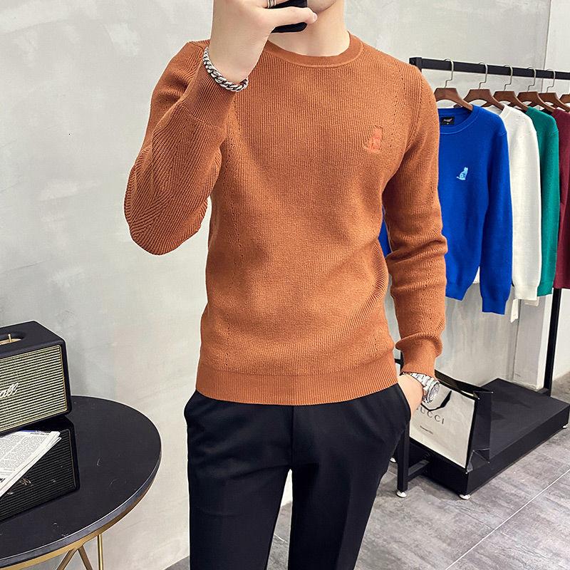 

MrGoldenBowl New Autumn And Winter Men's Sweater Slim Fitting Pullovert Solid Embroidery Crew Neck Men Sweater Casual Style, Blue