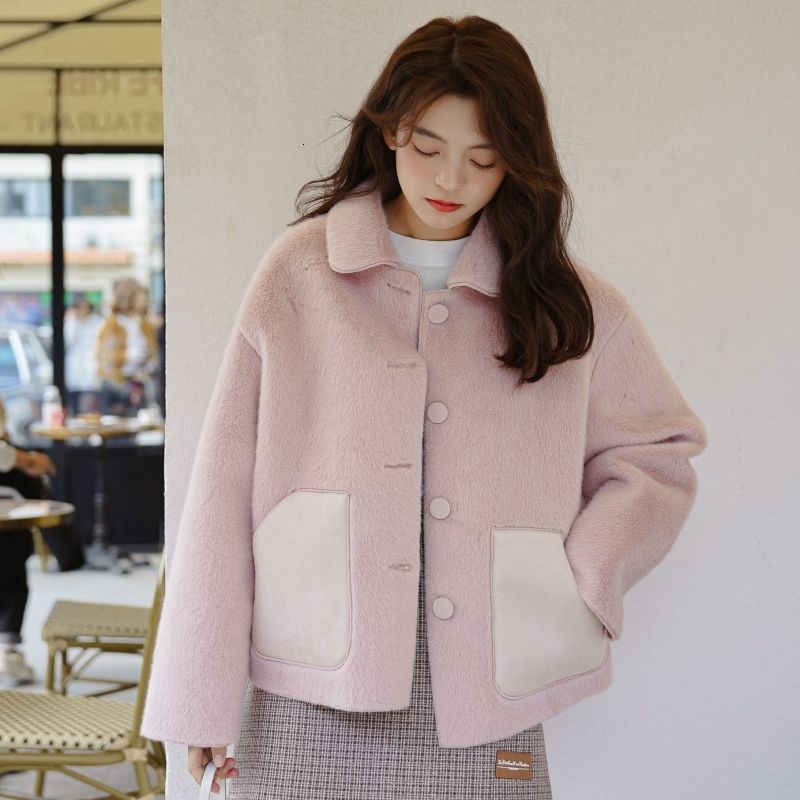 

2021 Imitation Velvet Mink Winter New Stuffed Short Women's Fur Coat WE9F, Pink