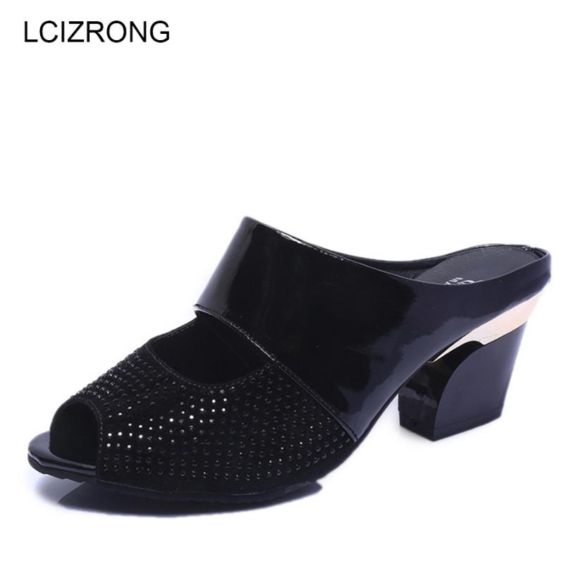 

LCIZRONG Summer Fashion 7.5CM Leather Peep Toe High Heel Sandals Women Mixed Colors Crystal Hoof Heels Non-slip Ladies Sandals, Blue