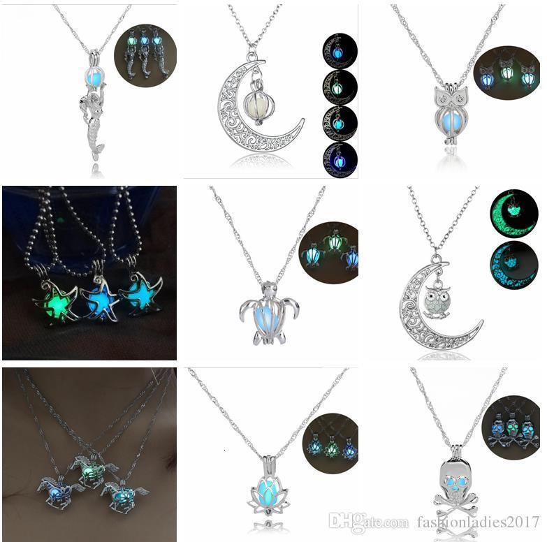 

9 Styles Glow in the Dark Turtle Mermaid Owl Necklace Hollow Pearl Cages Pendant Luminous Tortoise Charm Necklaces for Women Luxury Jewelry