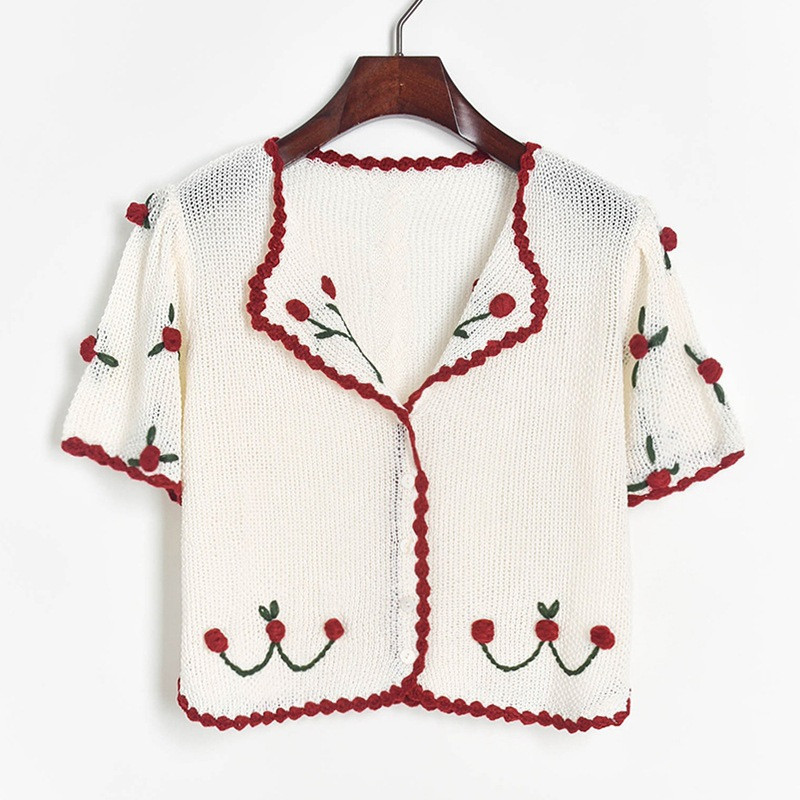 

2021 Knitted Cardigan Summer New Hand-embroidered Cherry Contrast T-shirts Nice Short Female Jumper Sleeves AH5Y, Black