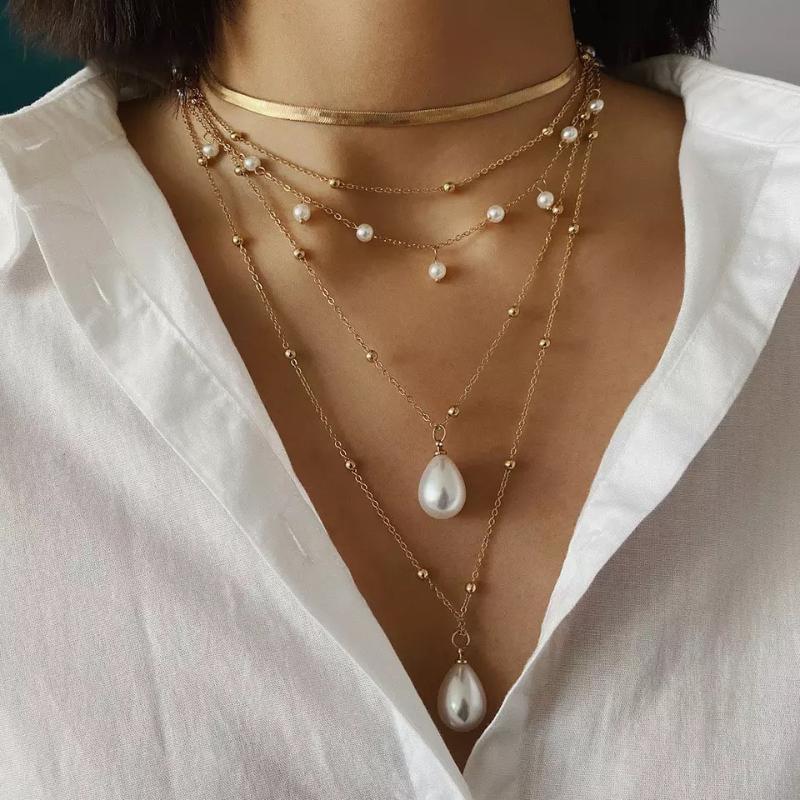 

Bohemian Multi Layer Imitation Pearl Tassel Choker Necklace Collar Statement Pendant Necklace for Women Jewelry