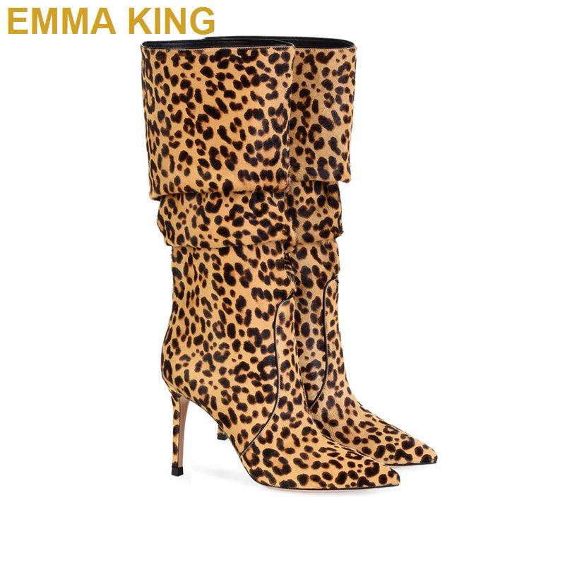 

Sexy Ladies Leopard Print Knee High Boots Suede Leather Winter Boots Slouchy Design High Heel Women 2020 New Tan/Pink Boot