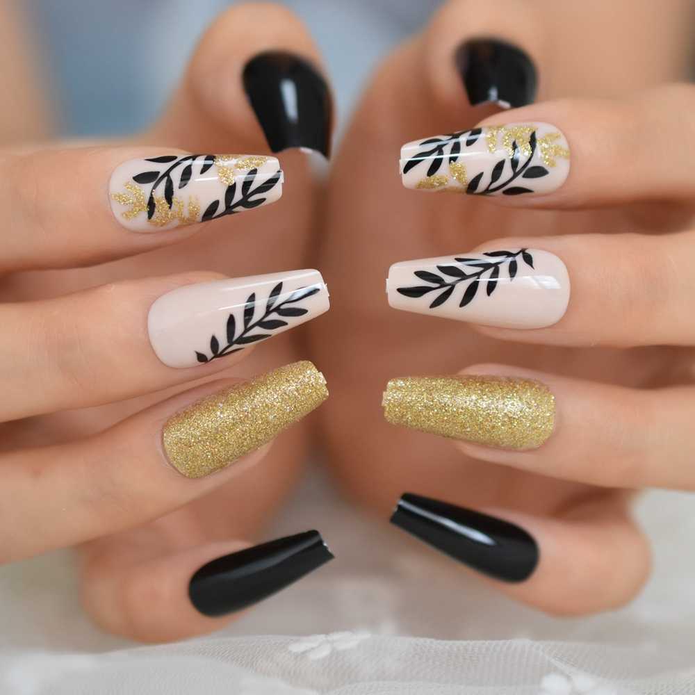 

Fashion Leaf Designed Coffin Fake Nails Gold Glitter Beige Black Gel Tapered Ballerina Press On Nails Long with Adhesive Tabs, L5674