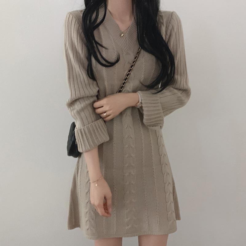 

Casual Dresses Heliar 2022 Spring Sweater Dress For Woman Winter Warm V-Neck Ribbed Sexy Knit Thick, Black