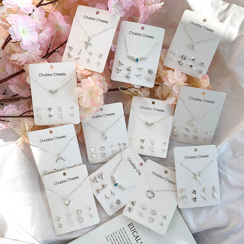 

Silver Crystal Rhinestone Cross Heart Snowflake Flower Necklace Earrings 5 Piece Set Paper Card Jewelry Set, As picture