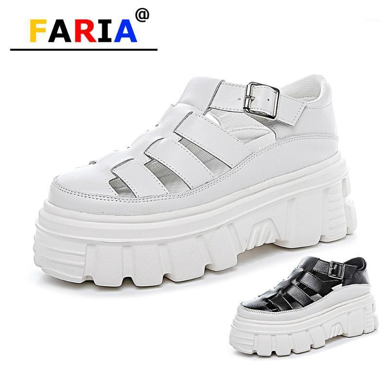 

2020 fashion high heels 7cm Genuine leather flat platform sandals women Solid white wedges Gladiator Rome sandalias summer shoes1, Black