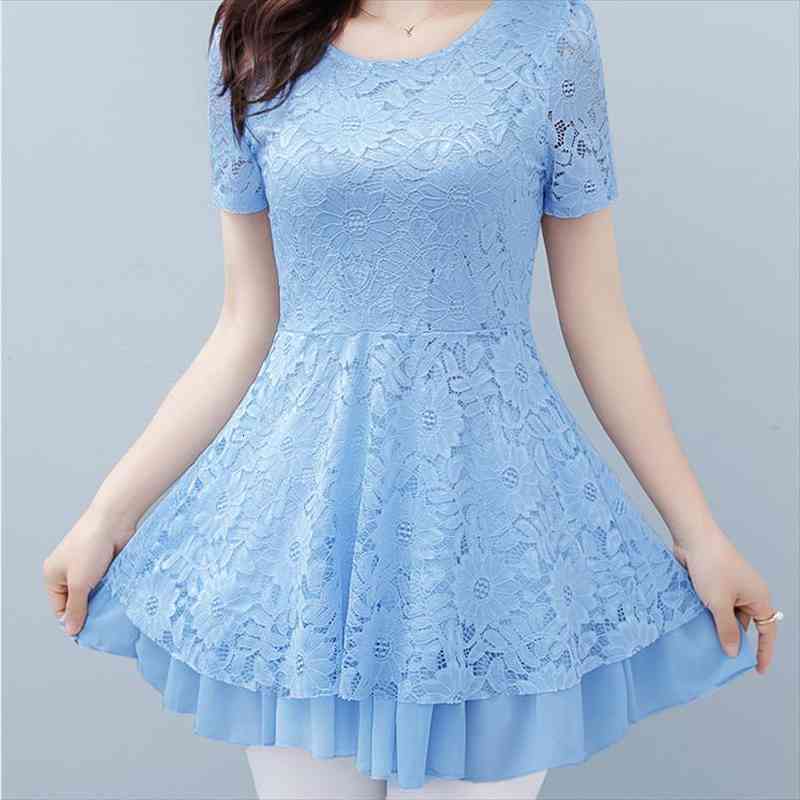 

Vintage Ruffle Blouse Shirt Women Short Sleeve Sexy Hollow Out Lace Female Casual Plus Size Ball Gown Party Tops 815e7, White