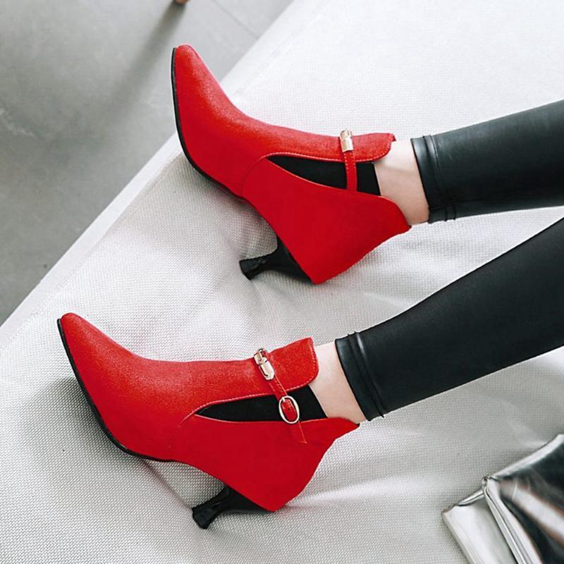 

RIBETRINI Plus Size 32-47 Women Ankle Shoes Women Pointed Toe Thick Med Heels Buckle Boots Autumn Metal Decoration Boots1, Red