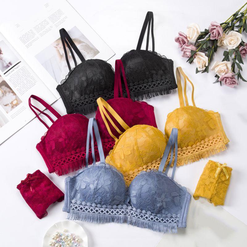 

Sexy Women Sexy Underwear Bra Buckle Deep V-neck Push Up Lace Side Gathering Bra Panties Set Plus Size Floral Lingerie Sets1, Yellow