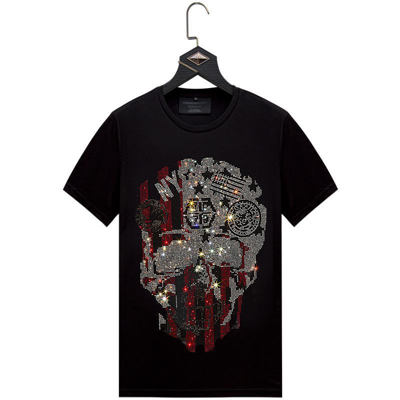 

Black T Shirts White Male T Shirt Streetwear Slim Men' Short Sleeve Shirt Diamond Inlaid Cartoon Skull Leisure Plus Size 6XL