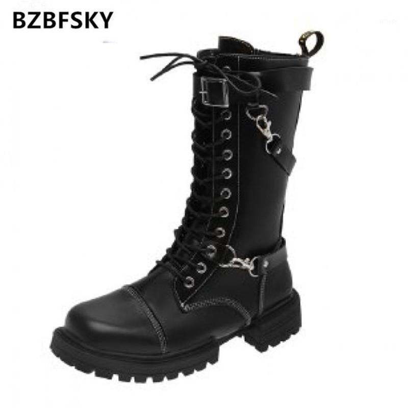 

Women Punk Motorcycle Boots Metal Chain Decoration Platform Square Heel Studded Zip Trend Designer Cool Biker Shoes Female 35-391, Black