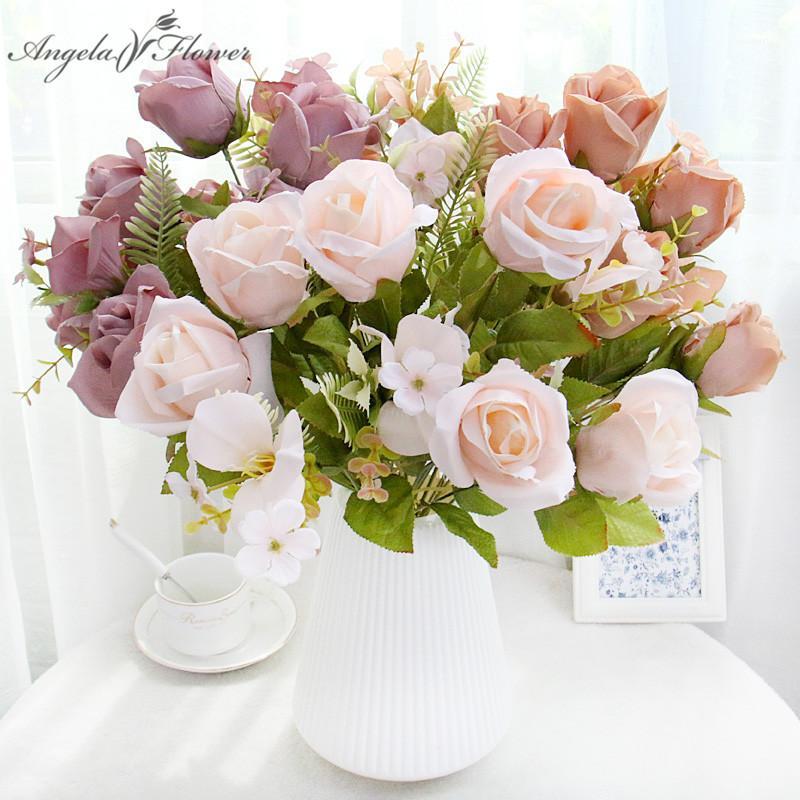 

11 Heads Rose Bouquet Silk Artificial Flowers White Pink Burgundy Rose Flowers For Wedding Decor Home Bedroom Table Display Gift1