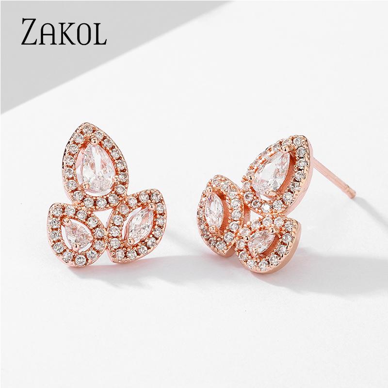 

Stud ZAKOL Fashion Elegant Water Drop Leaves Cubic Zirconia Earrings For Women Simple Engagement Wedding CZ Jewelry