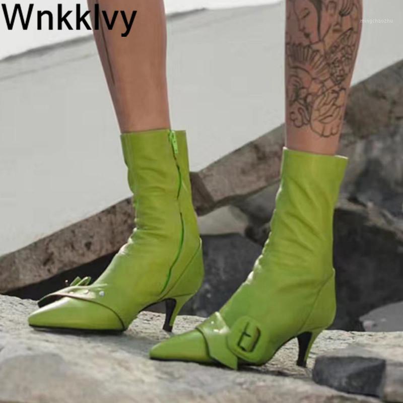 

Kitten heel stretch short boots women pointed toe metal belt buckle decor ankle botas 2020 biritsh style retro motorcycle boots1, Black