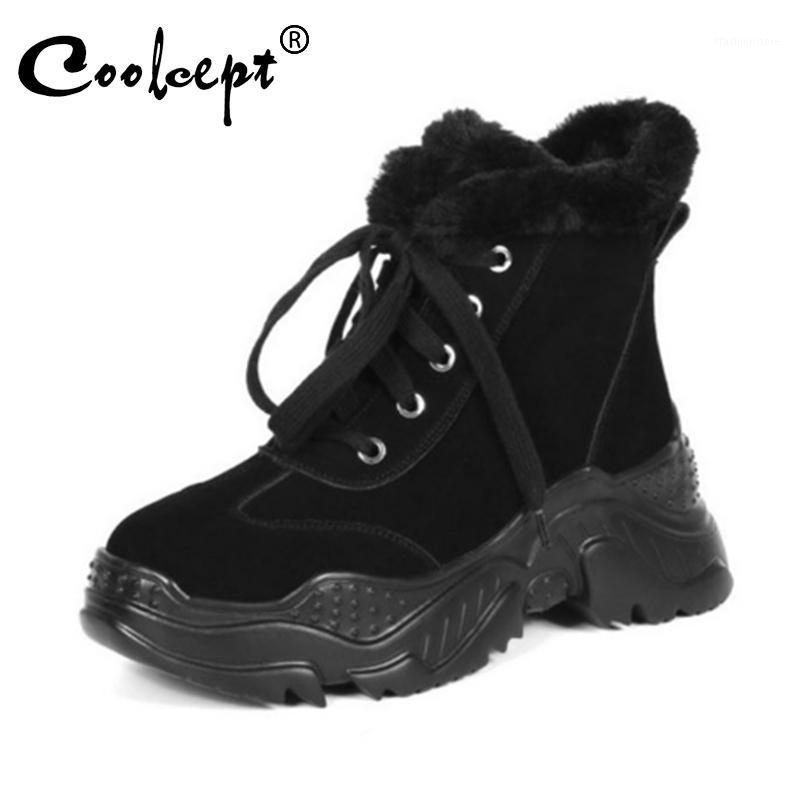 

Coolcept Women Genuine Leather Ankle Boots Plush Fur Thick Sole Casual Comfortable Shoes Woman Cross Strap Footwear Size 33-401, Black