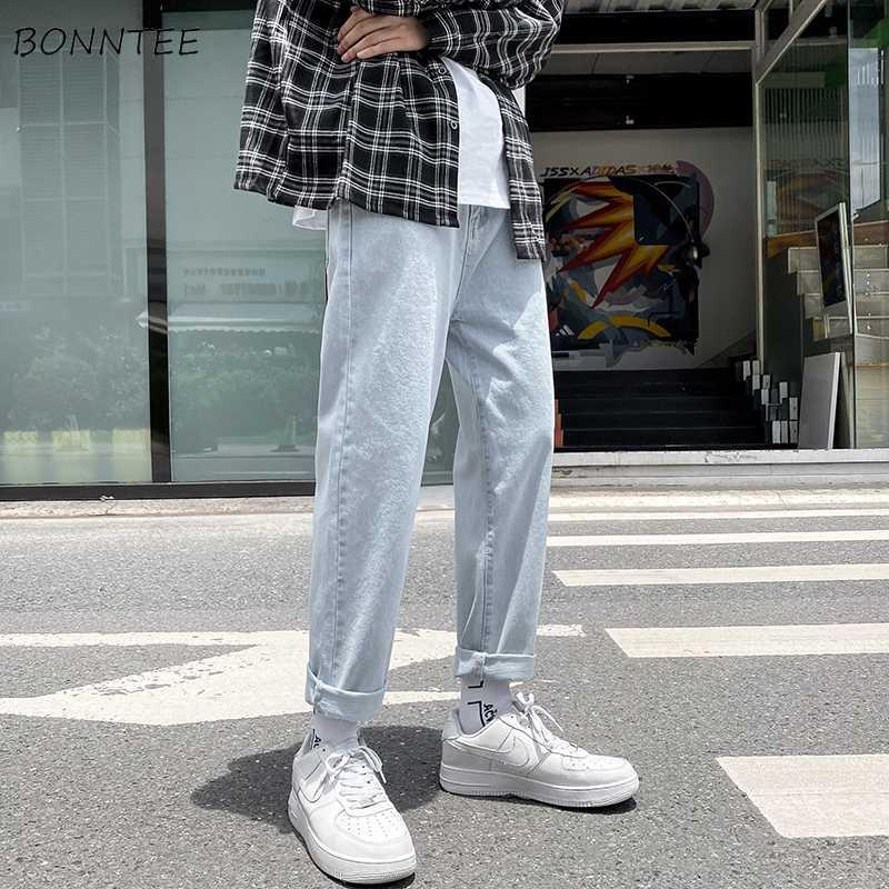 

Jeans Men Straight Light Blue Solid Simple Large Size 3XL Denim All-match Chic Casual Loose Korean Style Cozy Letter Trousers, Casual pants