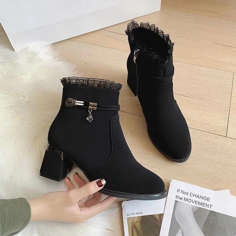 

2020 Fashion High Heels Boots Women Winter Shoes Warm Ladies Party Shoes Black Square Heel 6cm Brand Women Ankle Boots A2983 #9N39