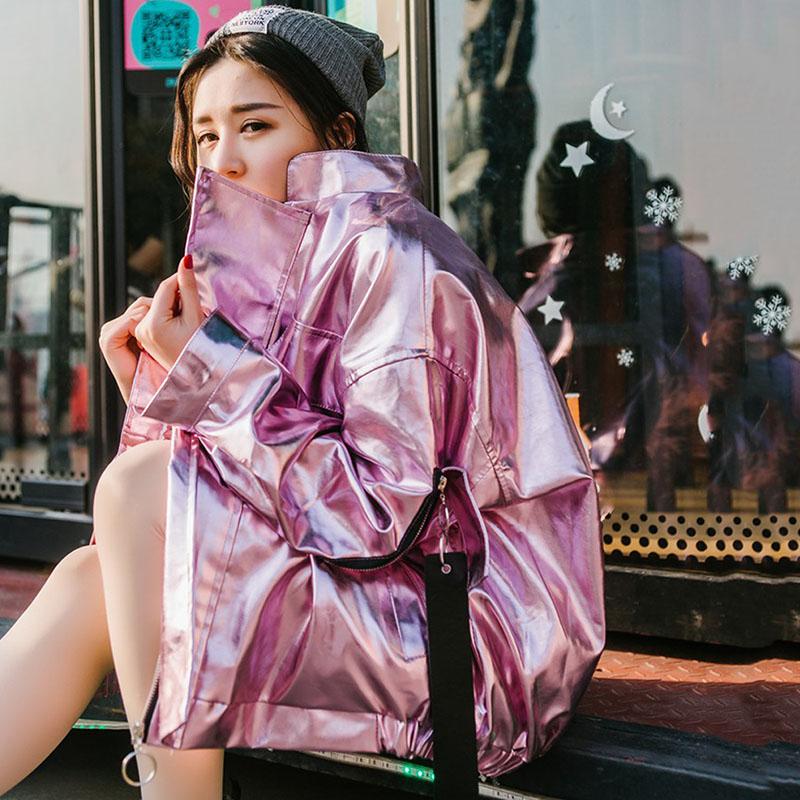 

2020 Hip Hop Oversized Pink/Silver Jacket Women bright PU Loose Coat Streetwear Clothing Jackets Rock Punk Coat New outwear QT30