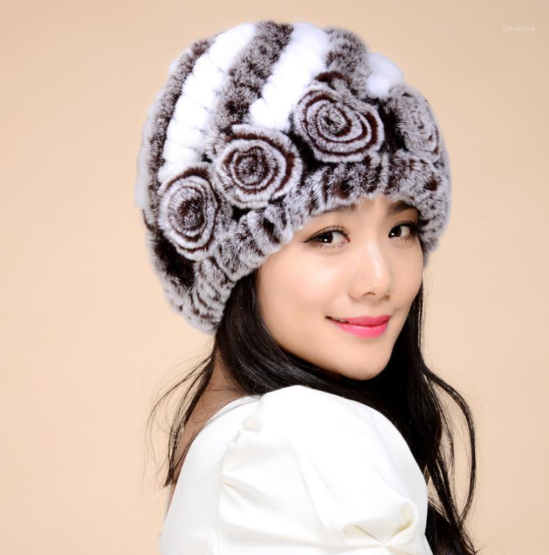 

2020 Paisley Lady Real Knitted Rex Fur Beanies Winter Warm Genuine Women Fur Caps Female Hats 07011, Black white
