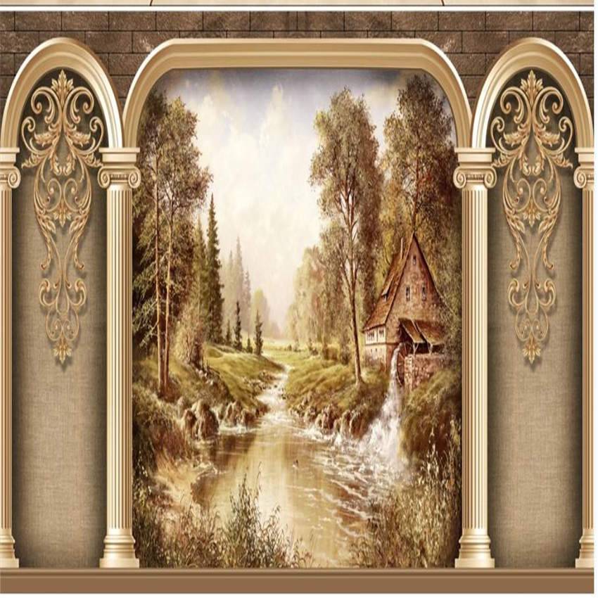

European Roman Column Art Retro Living Room Sofa TV Background Wall Mural, Brown