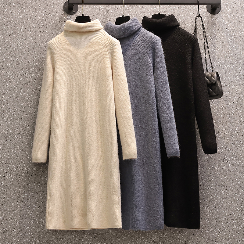 

2021 New Female Clothed Large, Solid Turtleneck Knit, Loose Dress Thicken Knee Medium Length Dressed in Winter IGML, Black