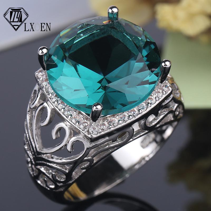 

LXOEN New Ethnic Green Big CZ Crystal Party Rings for Women White Silver Color Round Engagement Ring Jewelry Accessories bague