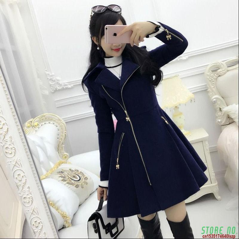 

2021 Autumn Winter Women Coats Dark Blue Lady Clothing Zipper Woolen Coat Mid-length Slim1, Deep blue