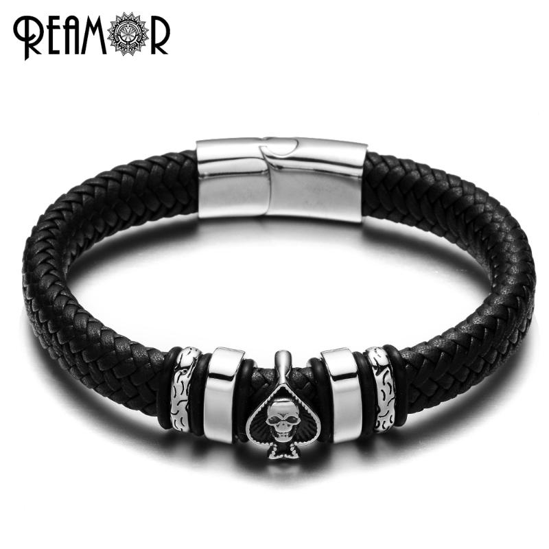 

REAMOR 12mm Width Black/Brown Braided Leather Bracelet Men Stainless Steel Cuff Bracelets&Bangles Men Jewelry