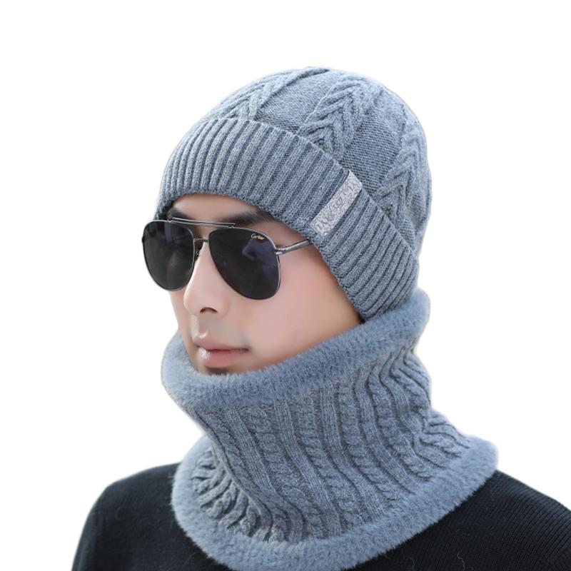 

High Quality Winter Knit Hat Men's Skullies Fashion Knitting 100% Wool Beanies Cap For Man Add Velvet Bonnet Warm Male Scarf Hat