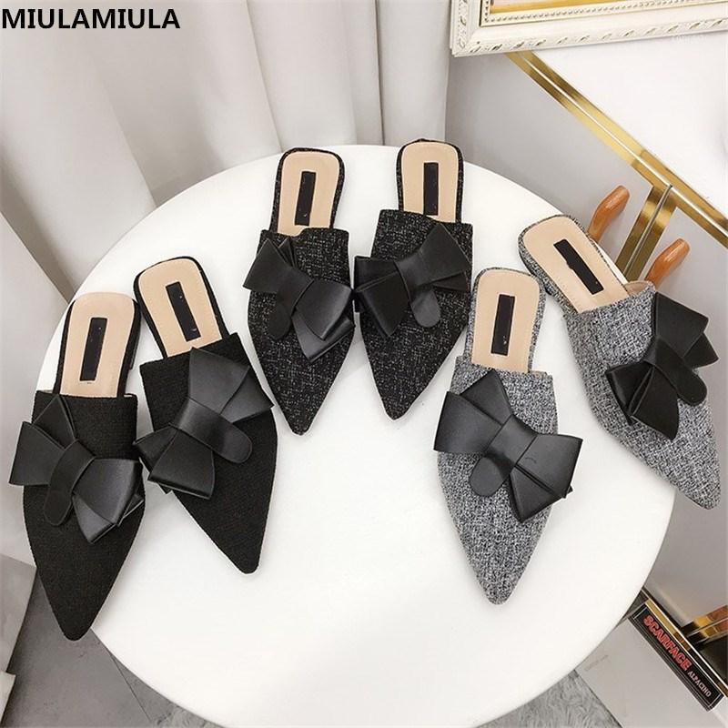 

MIULAMIULA 2020 Korean New Fashion Butterfly-knot Pointed Toe Flat Slippers Loafers Mules Flip Flops 35-401, Black