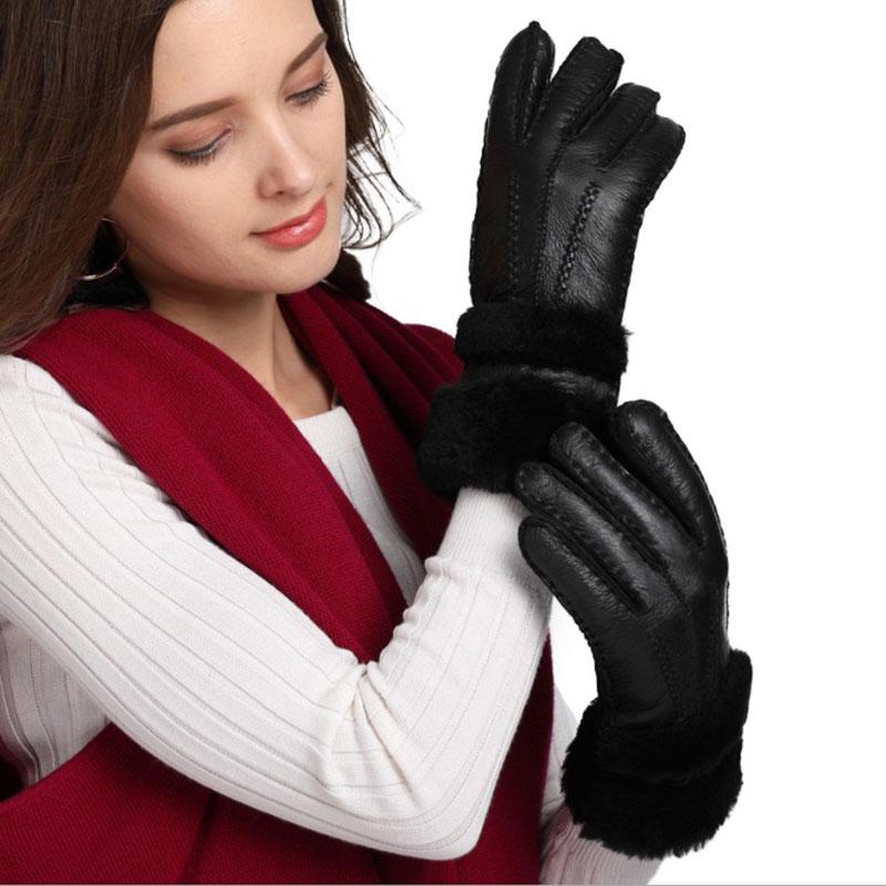 

New Women Warm Leather Gloves Lengthen 2020 Winter Real Sheep Fur Gloves Female Outdoor Motorcycle Cycling Ladies Mittens
