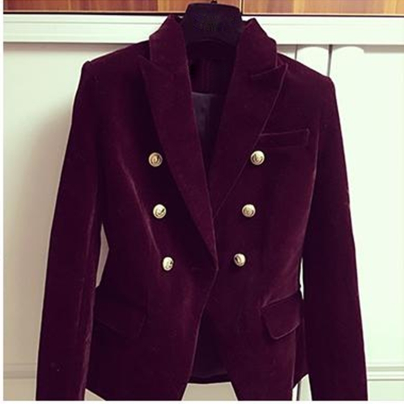 

HIGH QUALITY Newest Fashion Designer Blazer Women's Double Breasted Lion Buttons Velvet Blazer Coat 201201, Black