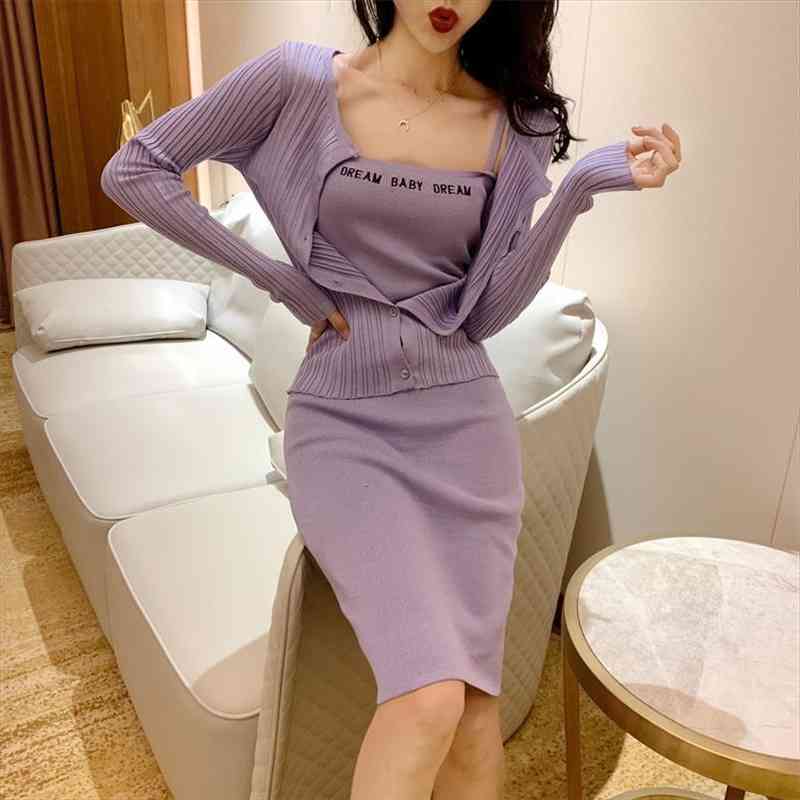 

Women Sexy Dress Sets Female Spring Autumn Spaghetti Straps Knitted Pencil Mini Dress amp thin Cardigan Suits Two Pieces Sets, Gray