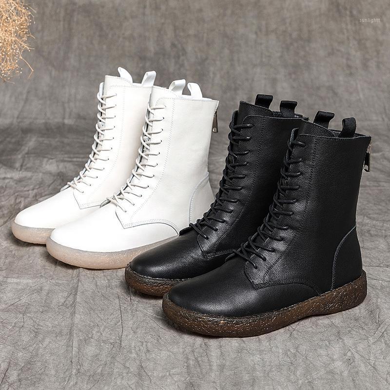

AARDIMI Winter Mid Calf Women Boots For Ladies Genuine Leather Shoes Woman Warm Flat with Plush Boots Casual Botas De Mujer New1, Black